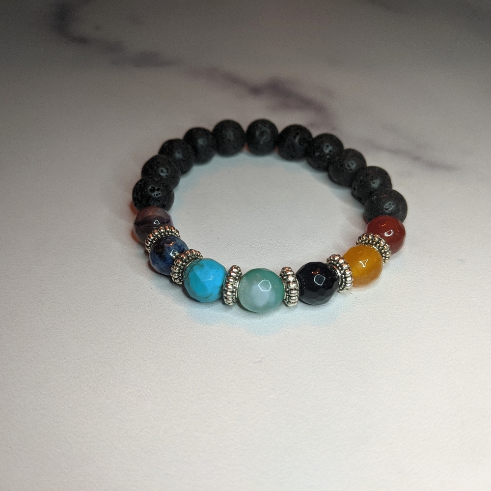 Handcrafted lava stone and colorful glass bracelet